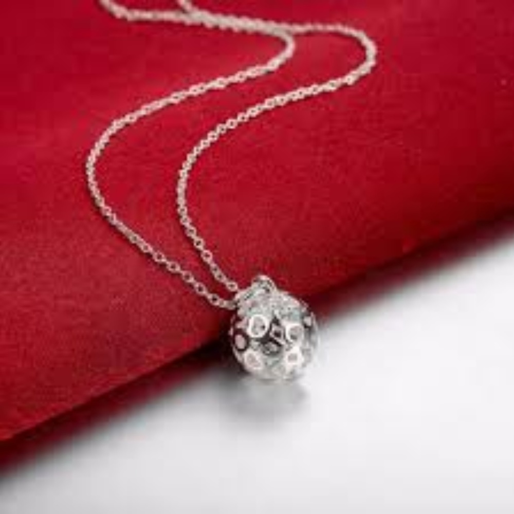 New 925 Stamped Silver Plated Hollow Ball Jewelry Set Necklace and Earrings - Picture 4 of 5